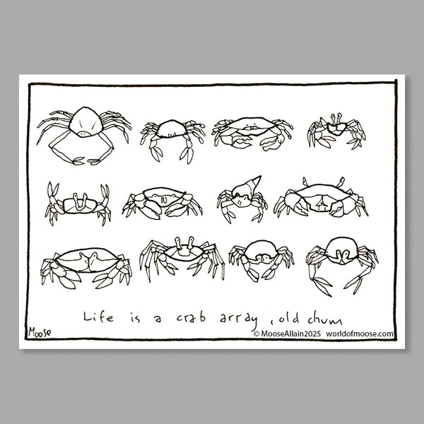 Cartoon of three rows of four crabs. Caption: Life is a crab array, old chum